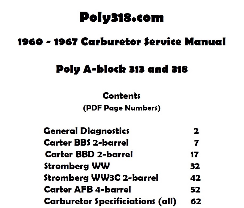 Poly 277 301, 303, 313, 318, 326 BBS BBD WW WW3C AFB Carburetor Free Service Manual PDF